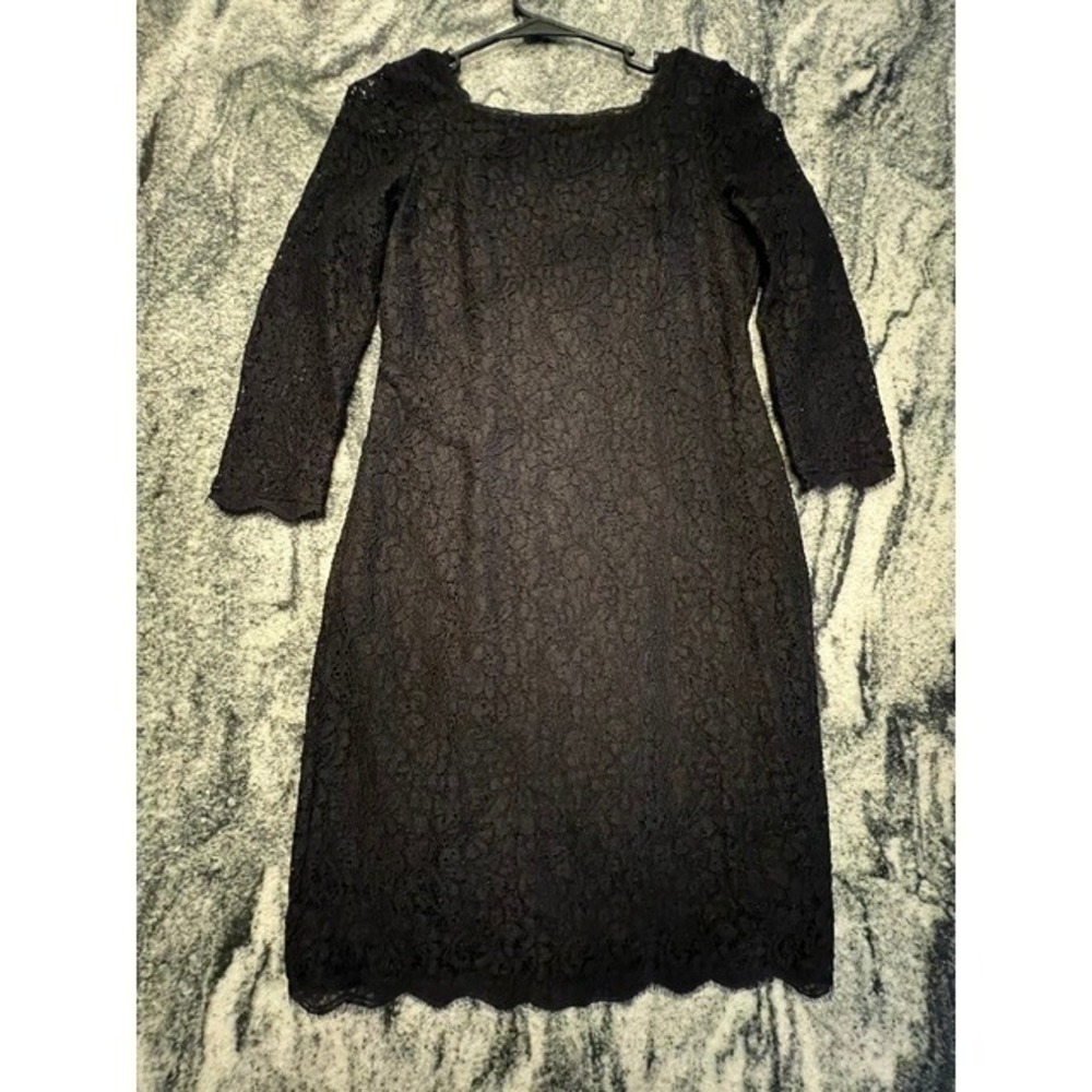 Adrianna Papell Black Lace Sheath Dress Exposed Back Zip 3/4 Sleeve
